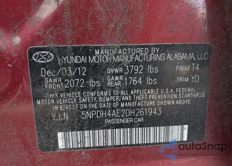 2013 Hyundai Elantra Gls from USA, damaged, VIN 5NPDH4AE2DH261943